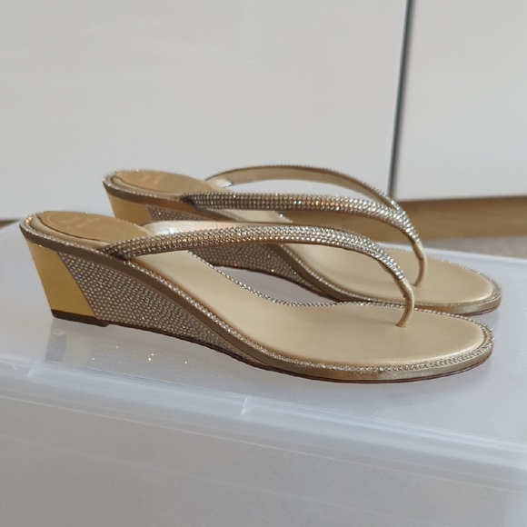 Rene Caovilla Gold Wedge Rhinestone Thong Sandals 37 - Picture 3 of 8